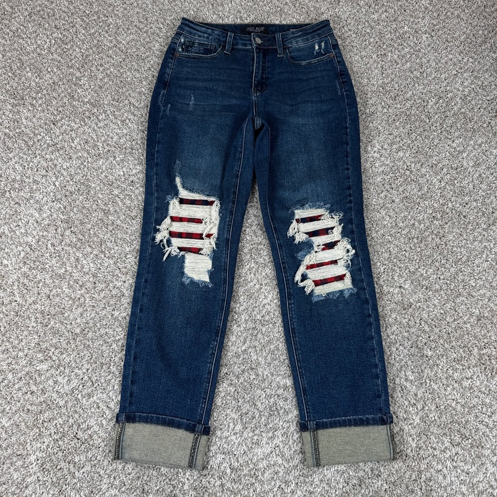 Judy Blue‎ Jeans Womens 3/26 Boyfriend Distressed Buffalo Plaid Cuffed JB88706